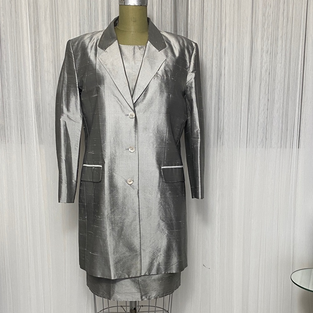 Rafaella Silver 100% Raw Shantung Silk Blazer and Dress Set Size 14